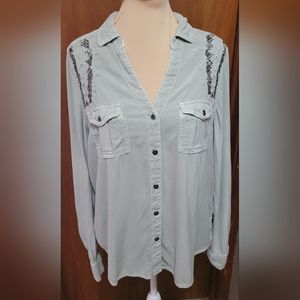 Rock and Republic Beaded Gray Long Sleeve Shirt Size Medium